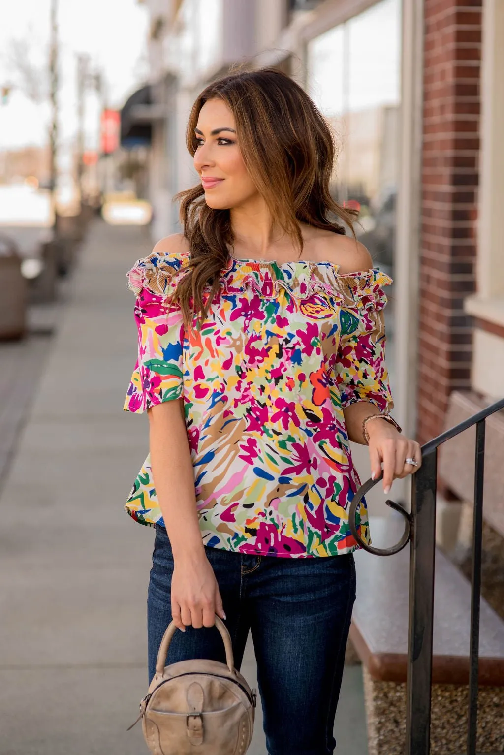 Abstract Floral Off The Shoulder Blouse