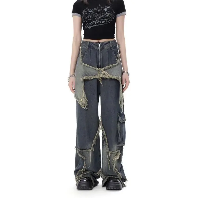 Aiertu  Vintage Women High Waist Jeans Streetwear Ripped Female Wide Leg Pant American Style Casual Tassel Straight Denim Trousers