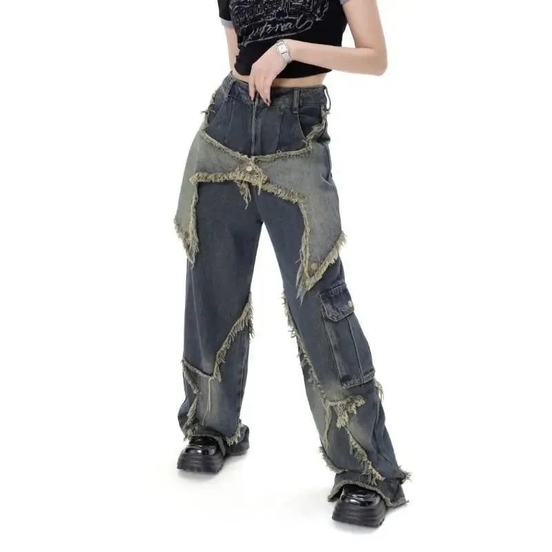 Aiertu  Vintage Women High Waist Jeans Streetwear Ripped Female Wide Leg Pant American Style Casual Tassel Straight Denim Trousers