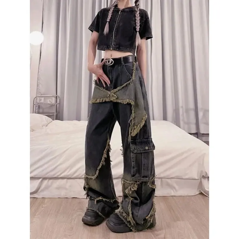 Aiertu  Vintage Women High Waist Jeans Streetwear Ripped Female Wide Leg Pant American Style Casual Tassel Straight Denim Trousers
