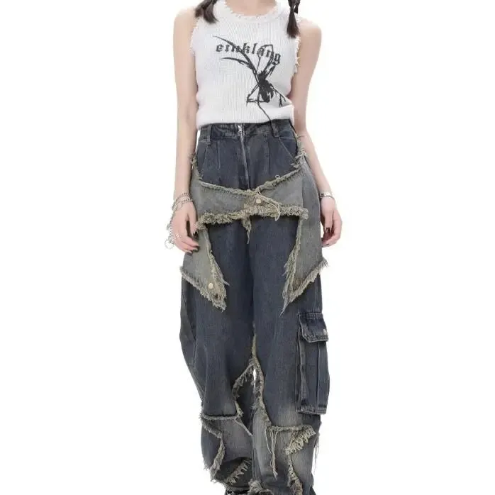 Aiertu  Vintage Women High Waist Jeans Streetwear Ripped Female Wide Leg Pant American Style Casual Tassel Straight Denim Trousers