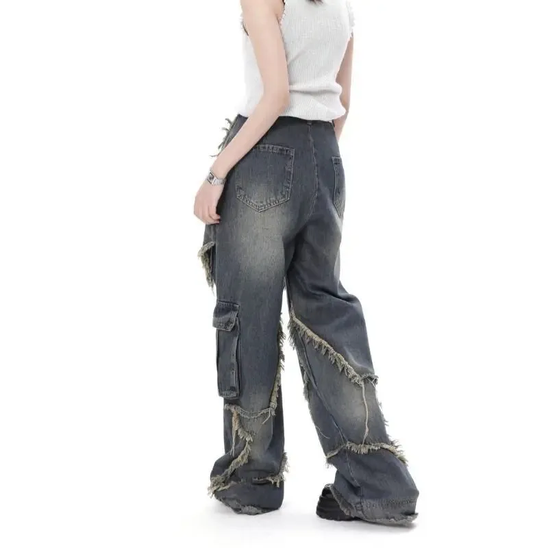 Aiertu  Vintage Women High Waist Jeans Streetwear Ripped Female Wide Leg Pant American Style Casual Tassel Straight Denim Trousers