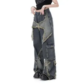 Aiertu  Vintage Women High Waist Jeans Streetwear Ripped Female Wide Leg Pant American Style Casual Tassel Straight Denim Trousers