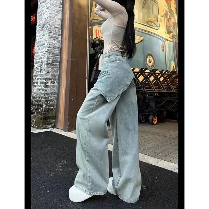 Aiertu Women's Blue Baggy Y2k Jeans Vintage 90s Aesthetic Patchwork Cowboy Pants Harajuku Denim Trouser Streetwear 2000s Trashy Clothes