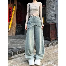 Aiertu Women's Blue Baggy Y2k Jeans Vintage 90s Aesthetic Patchwork Cowboy Pants Harajuku Denim Trouser Streetwear 2000s Trashy Clothes
