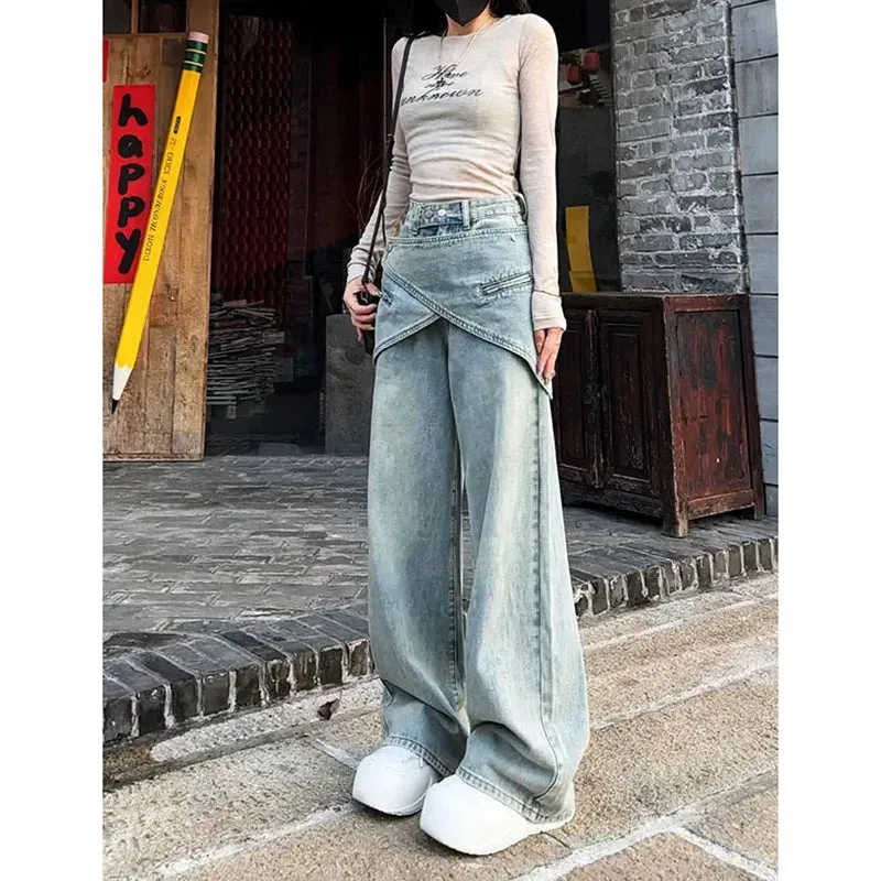 Aiertu Women's Blue Baggy Y2k Jeans Vintage 90s Aesthetic Patchwork Cowboy Pants Harajuku Denim Trouser Streetwear 2000s Trashy Clothes