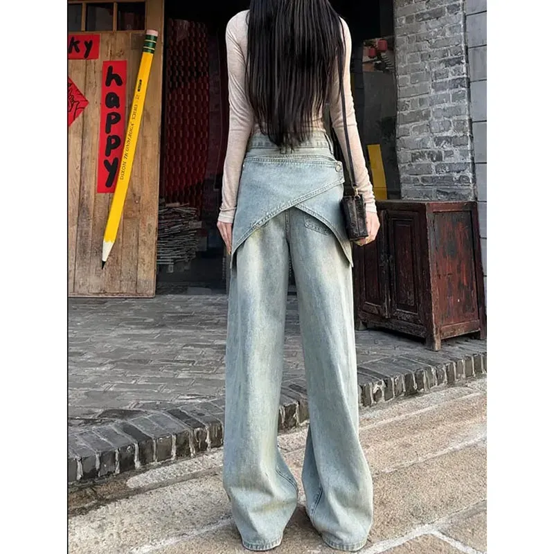 Aiertu Women's Blue Baggy Y2k Jeans Vintage 90s Aesthetic Patchwork Cowboy Pants Harajuku Denim Trouser Streetwear 2000s Trashy Clothes