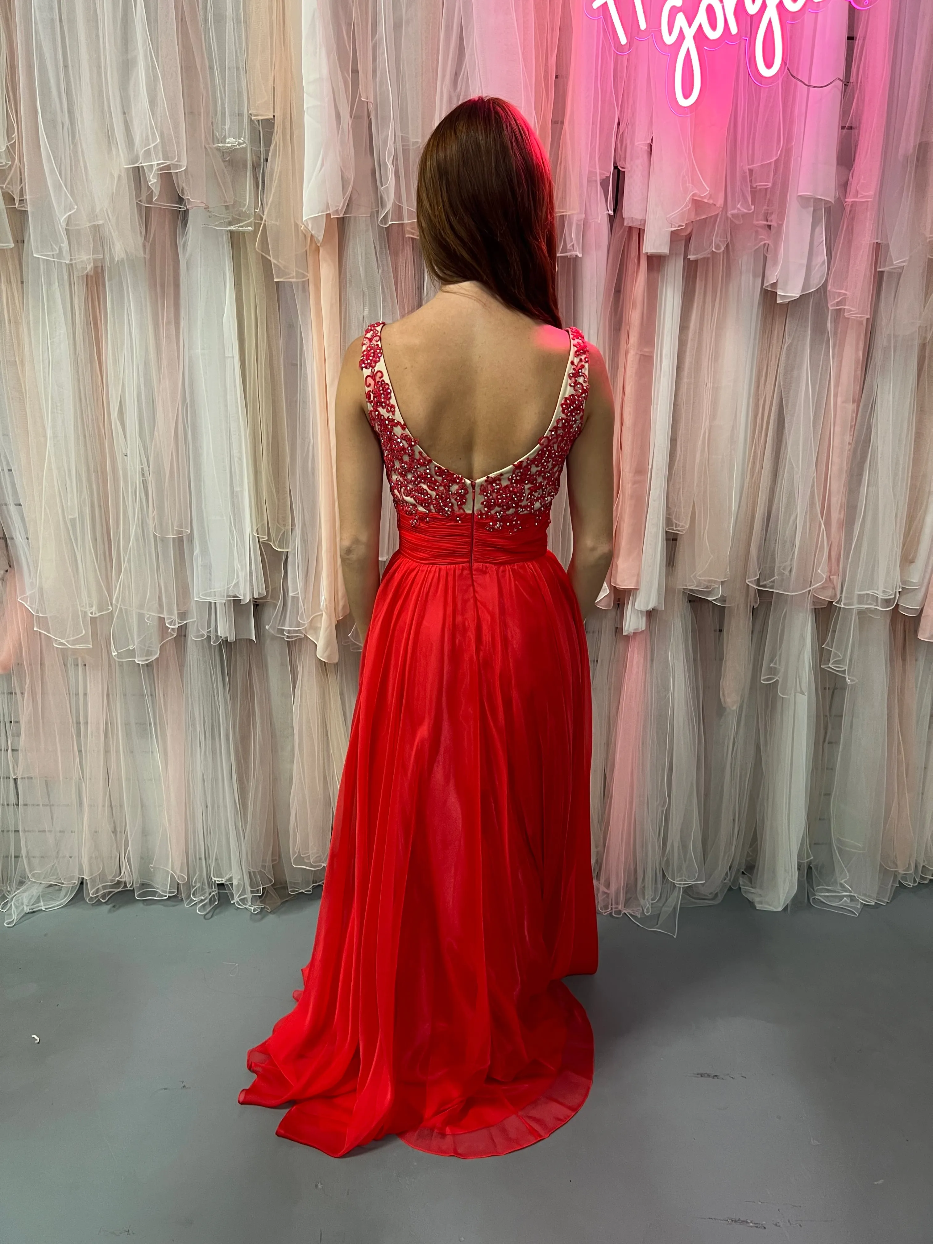 Alyce Paris 35689 Watermelon Scoop Neck Chiffon A-Line Dress - Size 2