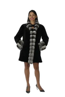 Black Sheared Mink Stroller with Chinchilla Collar, Tuxedo front & Cuffs