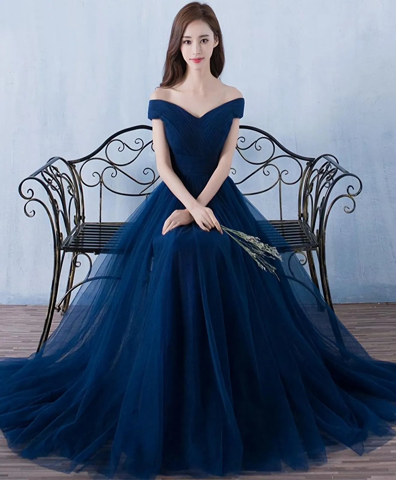 Blue V Neck Tulle A Line Long Prom Dress Evening Dress