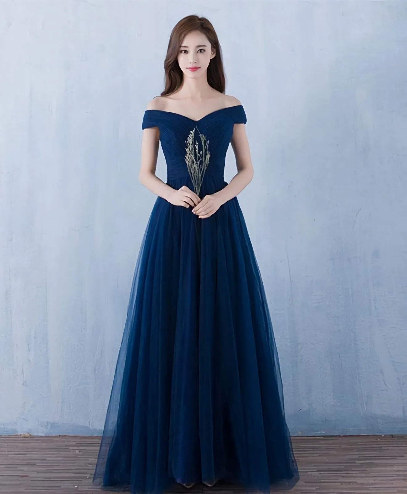 Blue V Neck Tulle A Line Long Prom Dress Evening Dress