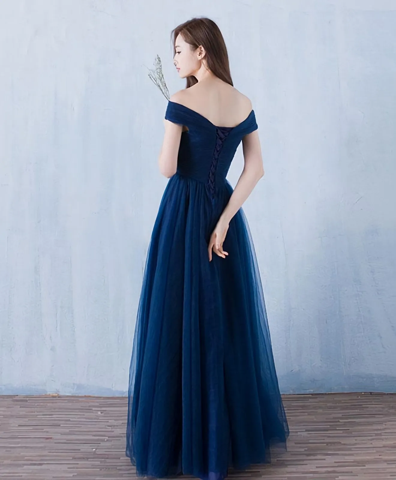 Blue V Neck Tulle A Line Long Prom Dress Evening Dress