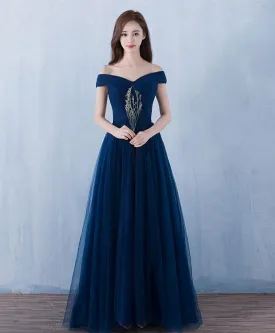Blue V Neck Tulle A Line Long Prom Dress Evening Dress
