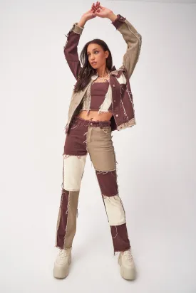 Brown Patchwork Denim Boyfriend Jeans