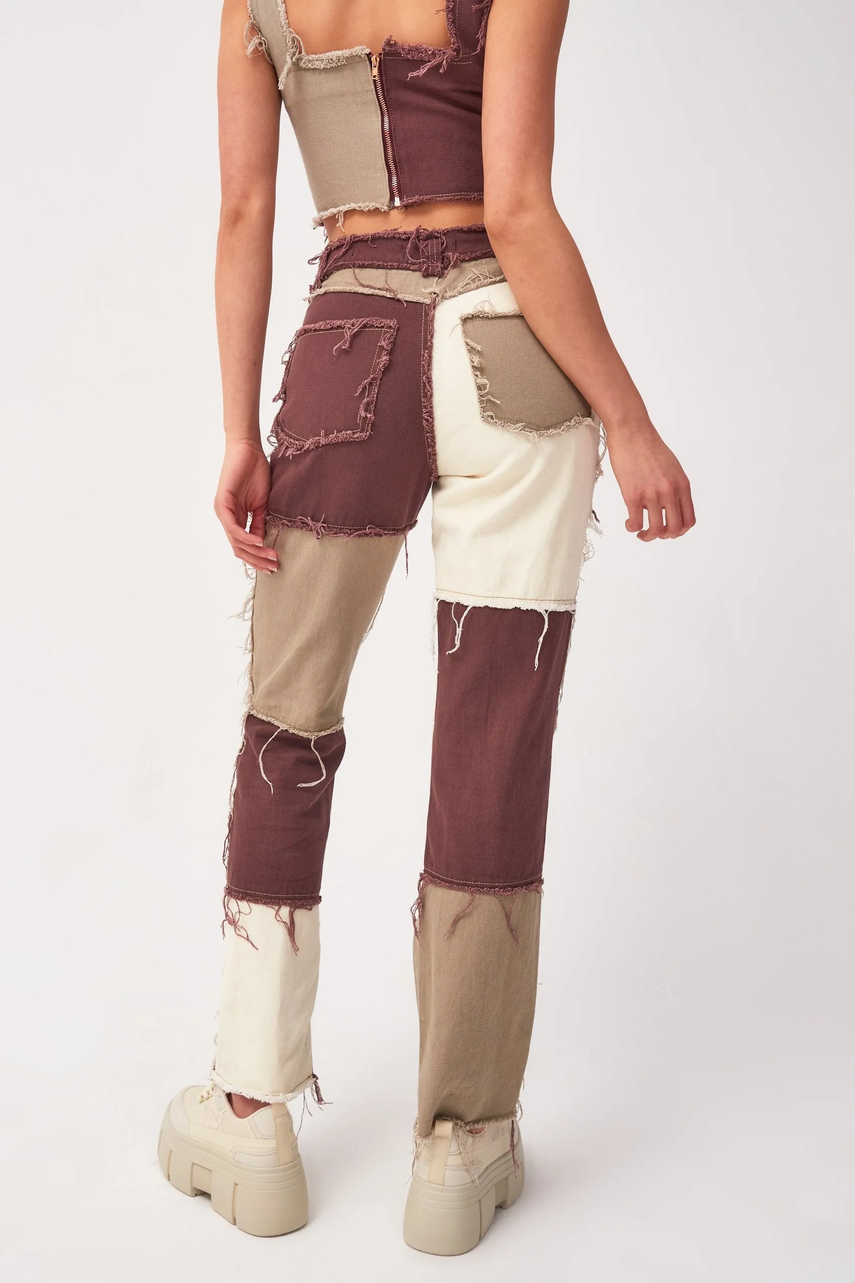 Brown Patchwork Denim Boyfriend Jeans