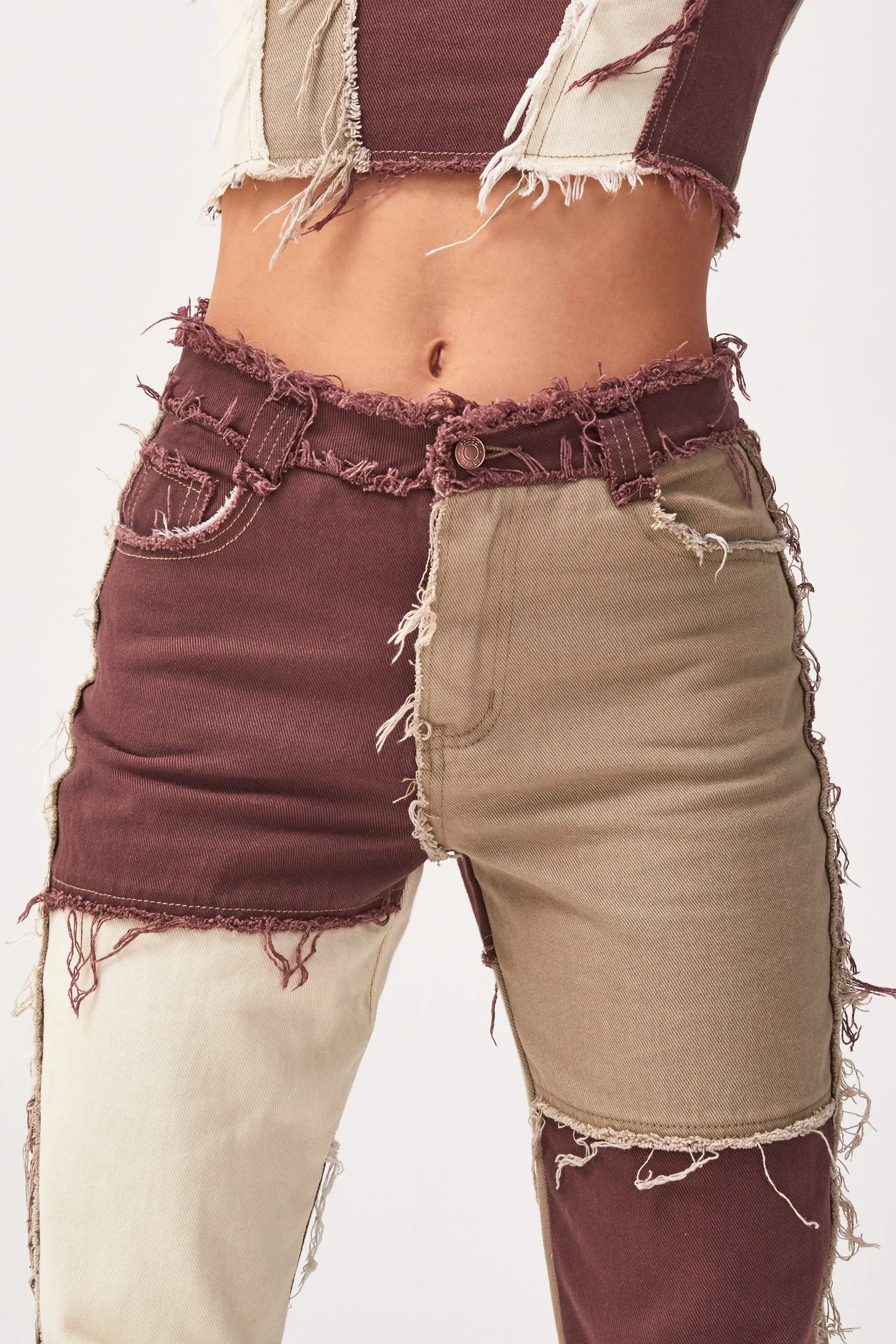 Brown Patchwork Denim Boyfriend Jeans
