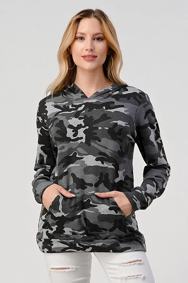 Camo hip length hoodie, loose fit, hood, long sleeves