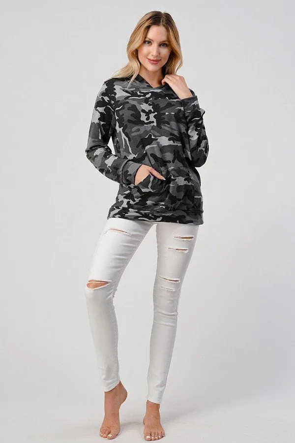 Camo hip length hoodie, loose fit, hood, long sleeves