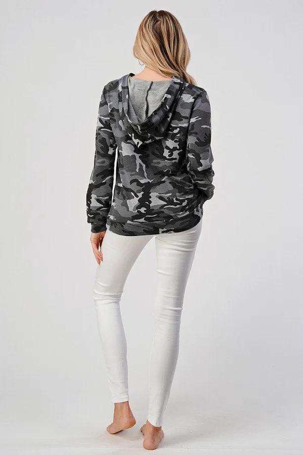 Camo hip length hoodie, loose fit, hood, long sleeves