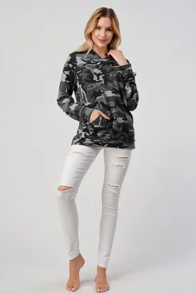 Camo hip length hoodie, loose fit, hood, long sleeves