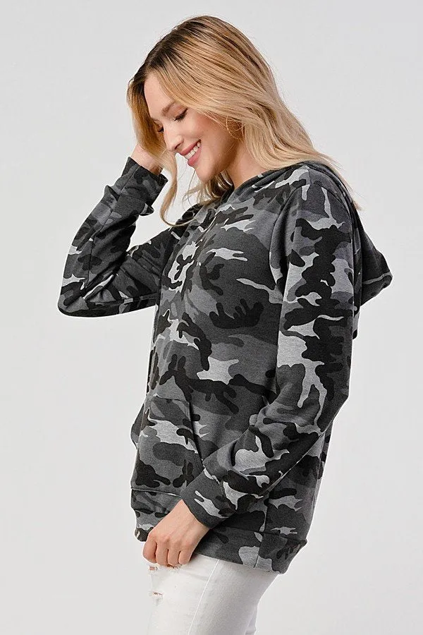 Camo hip length hoodie, loose fit, hood, long sleeves