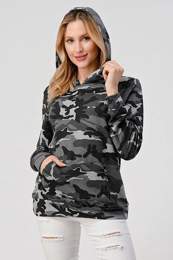 Camo hip length hoodie, loose fit, hood, long sleeves