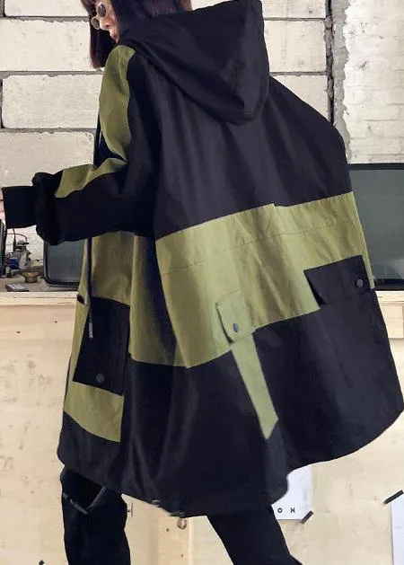 Chic Black Pockets Cotton zippered Spring Hoodie Coat