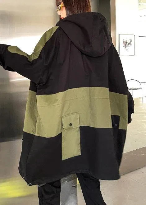 Chic Black Pockets Cotton zippered Spring Hoodie Coat