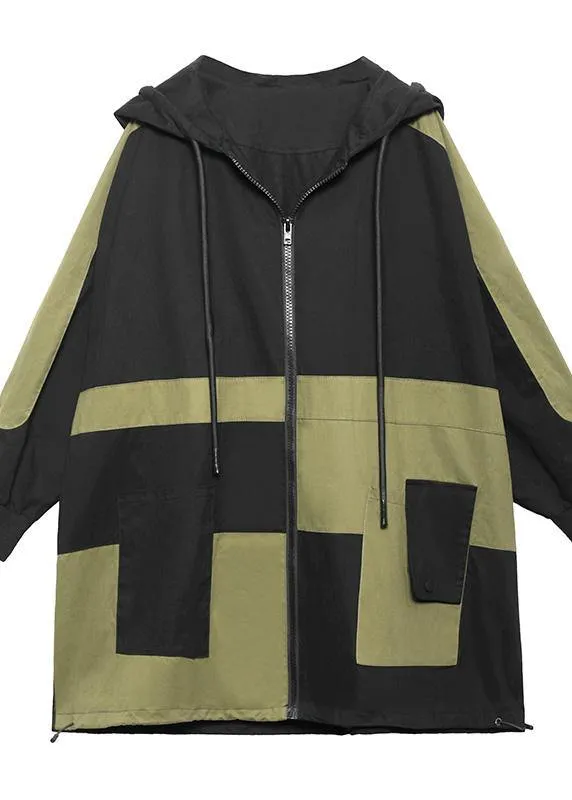 Chic Black Pockets Cotton zippered Spring Hoodie Coat