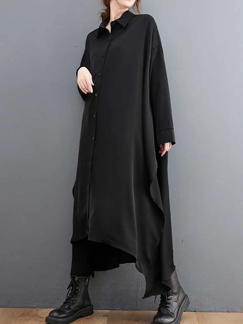 Cotton Long Sleeves Shirt Style A-Line Dress