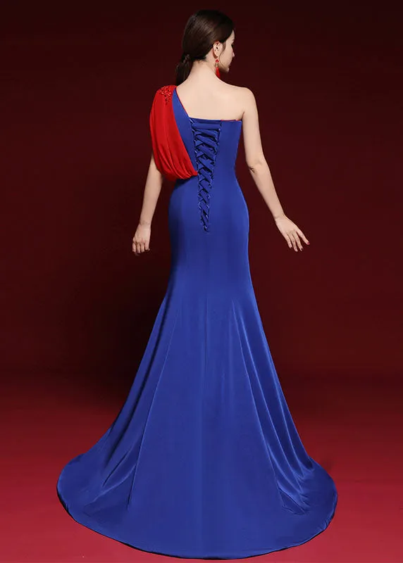 Dinner Royal Blue Shoulder Tulle Patchwork Silk Mopping Long Dress Summer ML1587
