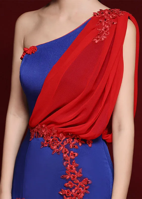 Dinner Royal Blue Shoulder Tulle Patchwork Silk Mopping Long Dress Summer ML1587