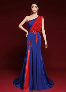 Dinner Royal Blue Shoulder Tulle Patchwork Silk Mopping Long Dress Summer ML1587