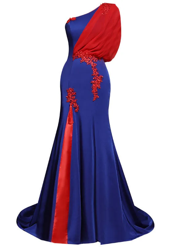 Dinner Royal Blue Shoulder Tulle Patchwork Silk Mopping Long Dress Summer ML1587