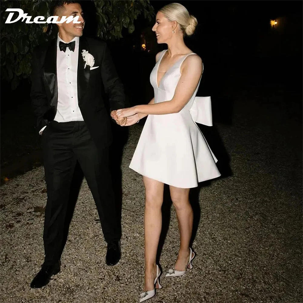 DREAM Sleeveless Satin Short Wedding Dress Big Bow V Neck Backless A-Line Bridal Gown