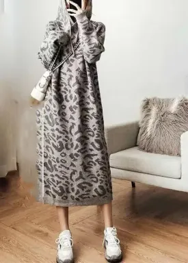 Fashion Grey Leopard Cozy Hoodie Knit Sweater Dress Fall ML1214