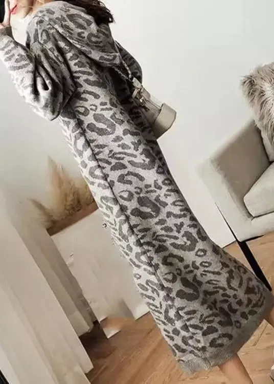Fashion Grey Leopard Cozy Hoodie Knit Sweater Dress Fall ML1214