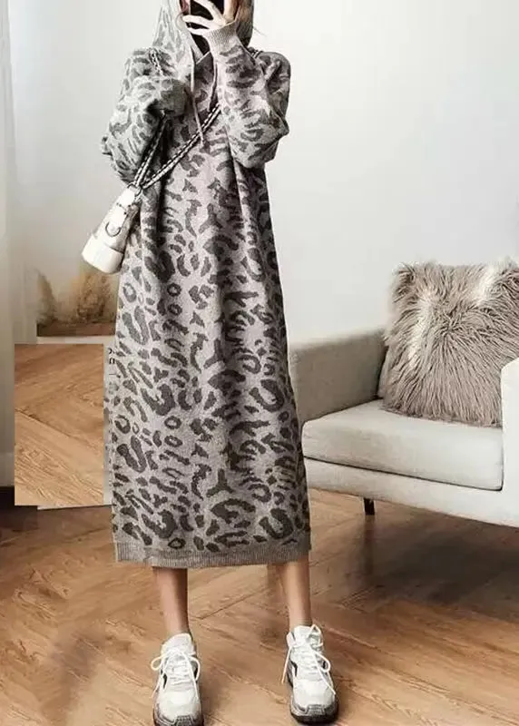 Fashion Grey Leopard Cozy Hoodie Knit Sweater Dress Fall ML1214