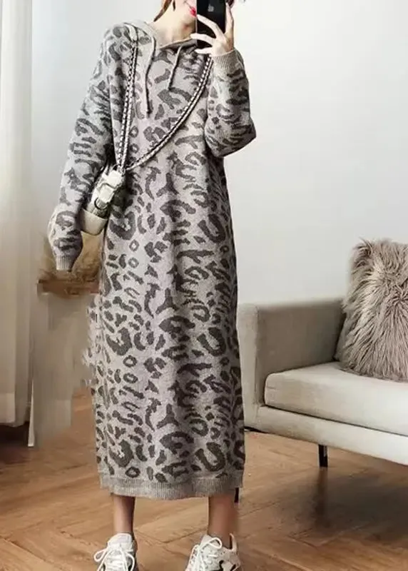 Fashion Grey Leopard Cozy Hoodie Knit Sweater Dress Fall ML1214