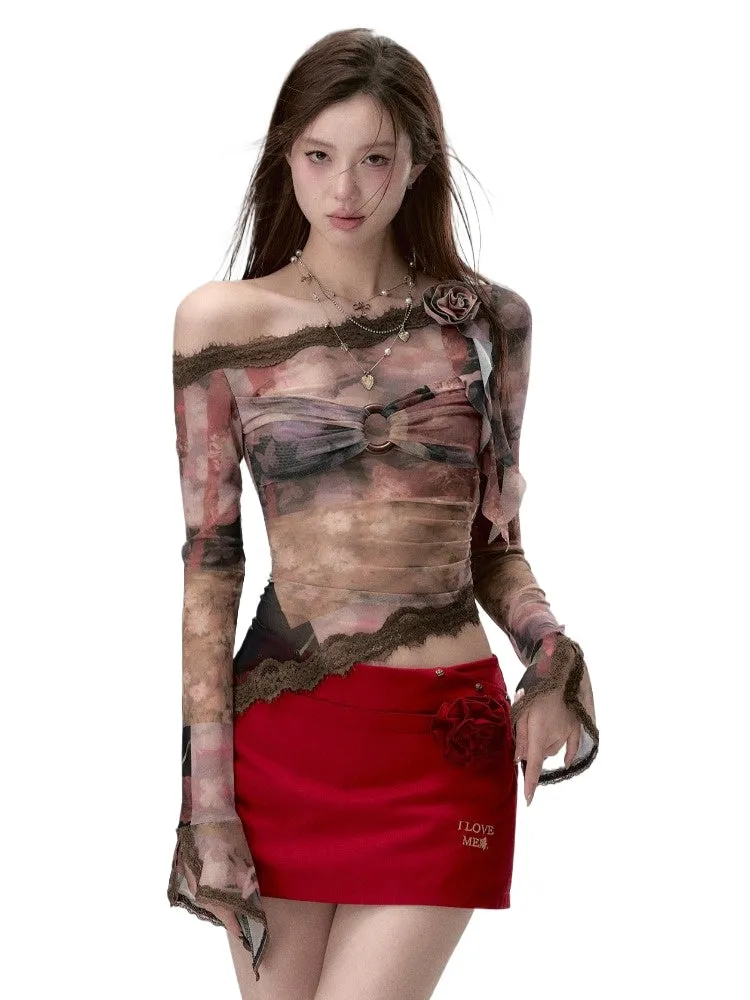 (Final Sale) Lace Paneling Mesh Off-the-Shoulder Blouse