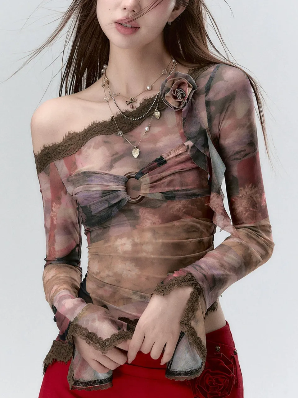 (Final Sale) Lace Paneling Mesh Off-the-Shoulder Blouse
