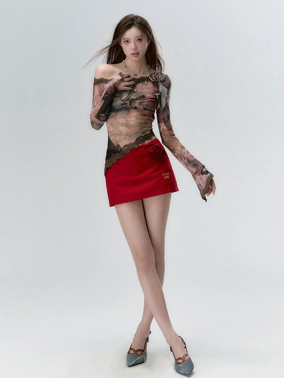 (Final Sale) Lace Paneling Mesh Off-the-Shoulder Blouse