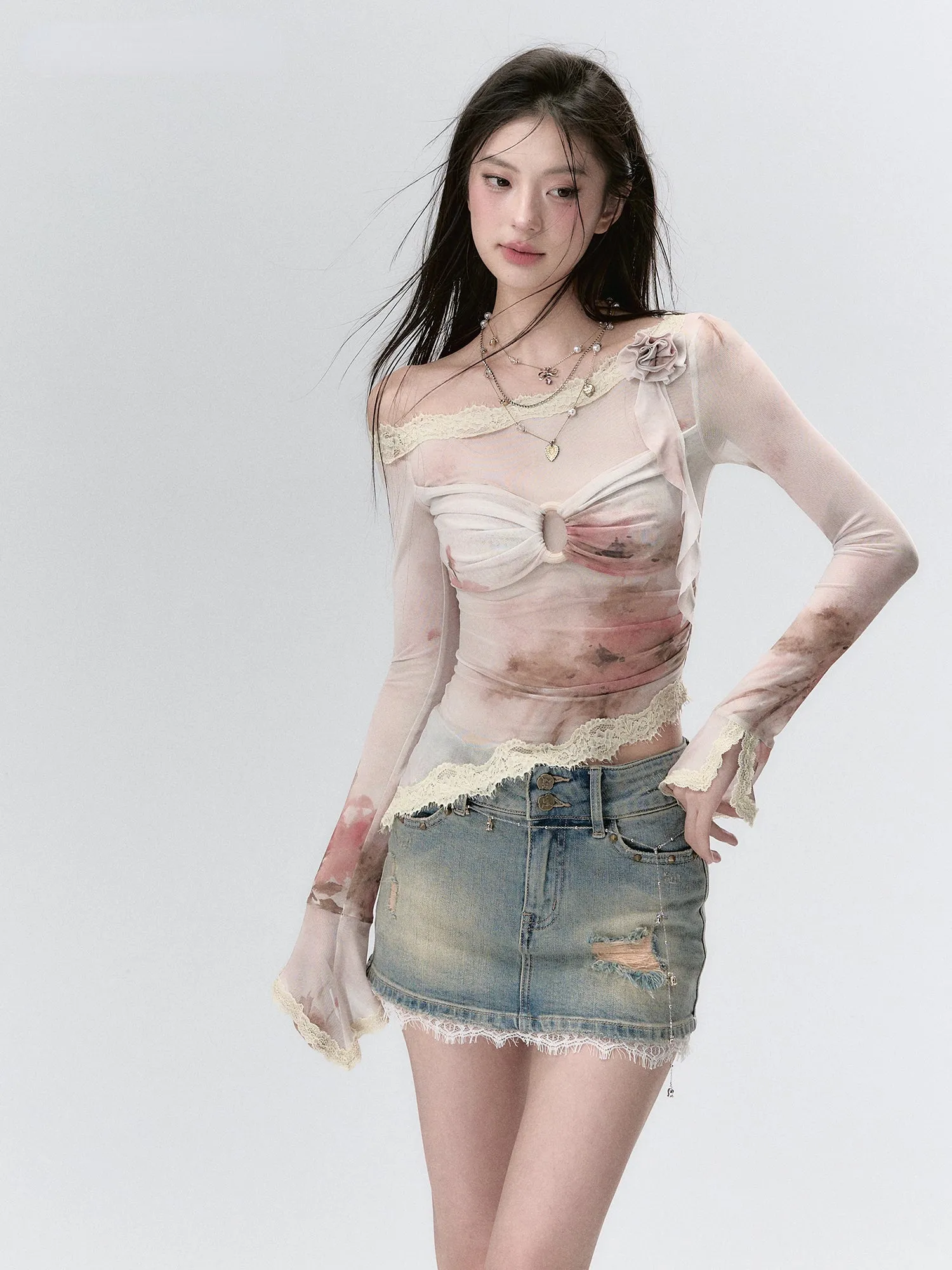 (Final Sale) Lace Paneling Mesh Off-the-Shoulder Blouse