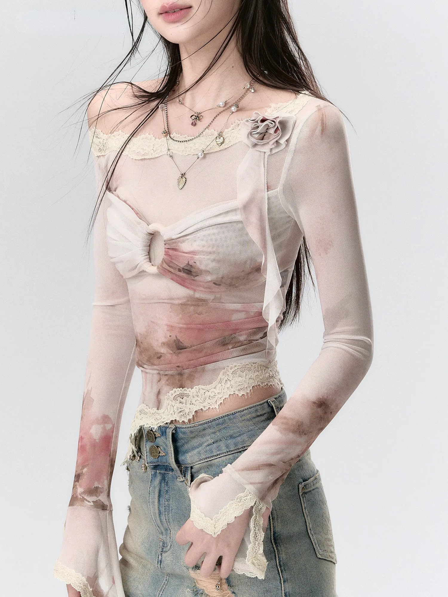 (Final Sale) Lace Paneling Mesh Off-the-Shoulder Blouse
