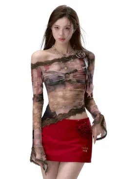 (Final Sale) Lace Paneling Mesh Off-the-Shoulder Blouse