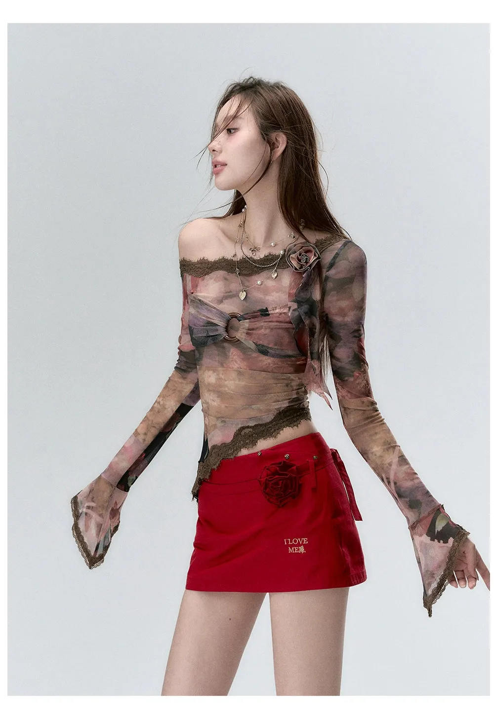 (Final Sale) Lace Paneling Mesh Off-the-Shoulder Blouse