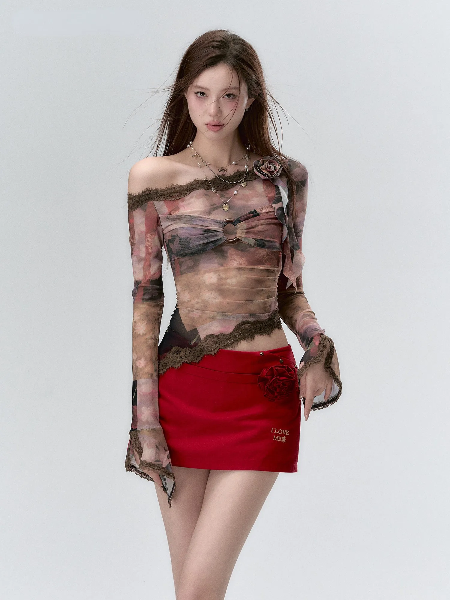 (Final Sale) Lace Paneling Mesh Off-the-Shoulder Blouse