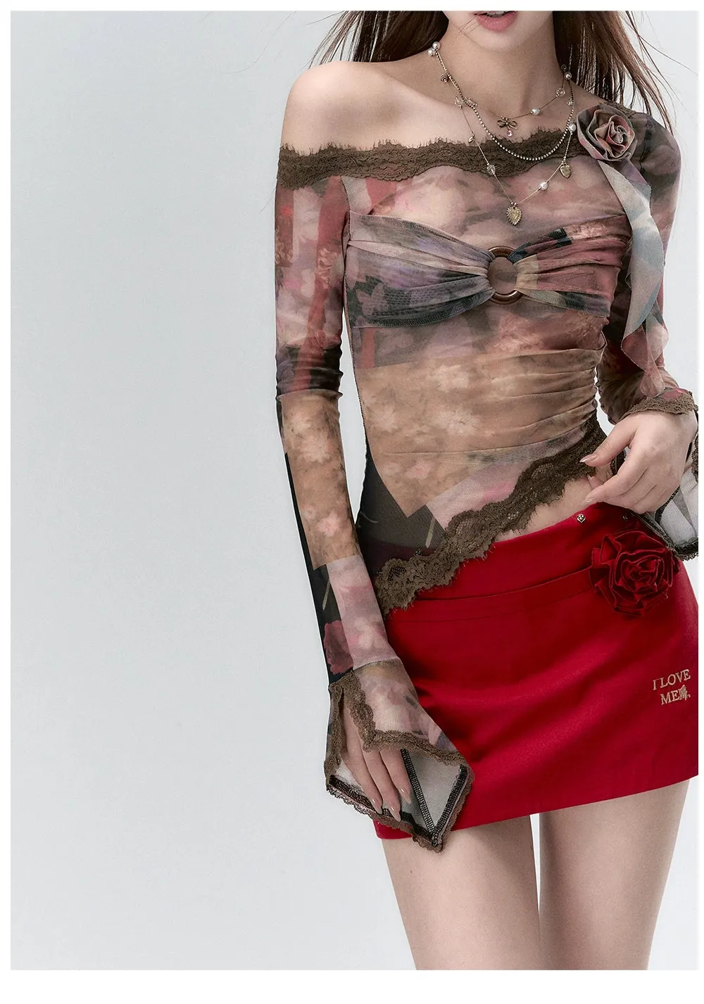 (Final Sale) Lace Paneling Mesh Off-the-Shoulder Blouse