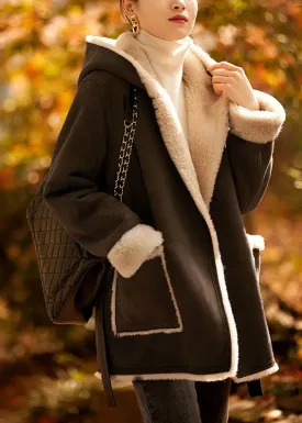 Fitted Coffee Tie Waist Button Thick Hoodie Woolen Blended Coat Winter LY8348