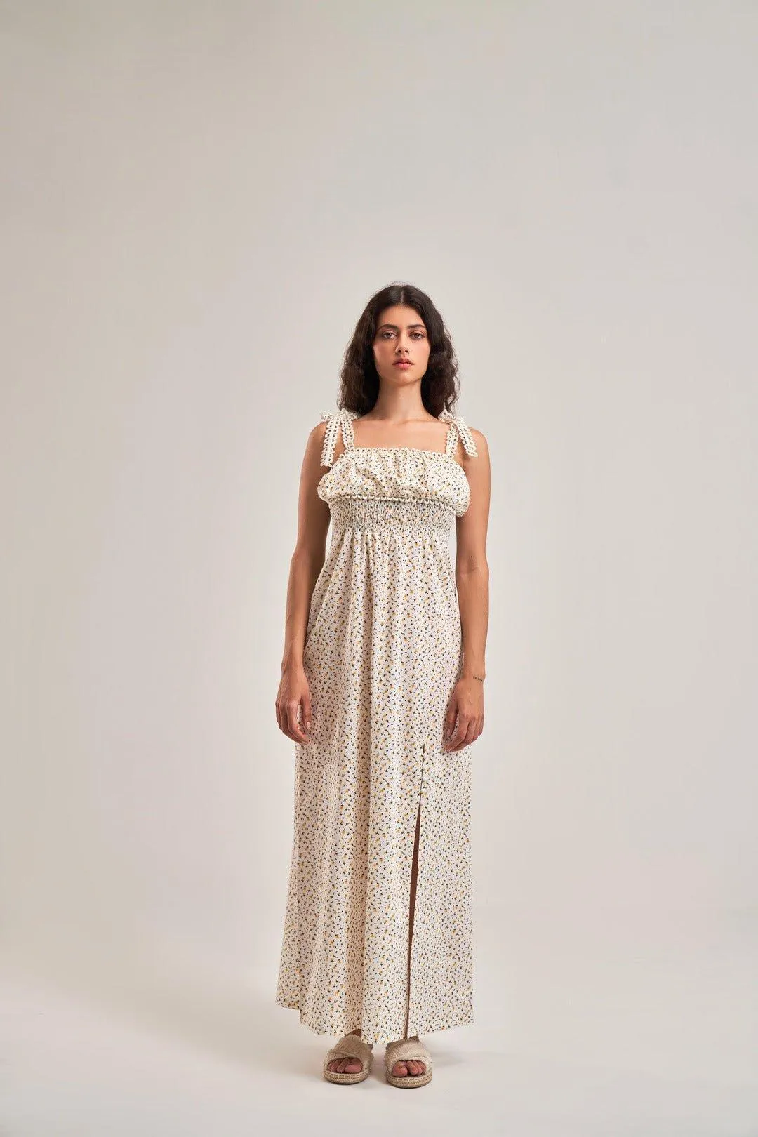 FLORAL EMPIRE SLIT  A-LINE DRESS